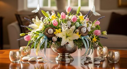 Elegant Easter Centerpiece with Tulips and Lilies on Wooden Table.