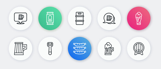Set line Sausage, Glass of beer, Wooden mug, Metal keg, barrel on rack and Bottle opener icon. Vector