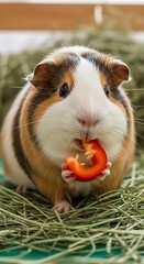 Guinea pig enjoying a red pepper snack in its hay-filled enclosure.