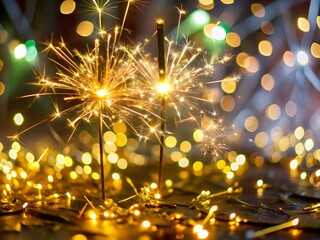Fototapeta premium Sparklers burning brightly with bokeh lights for celebration and new year