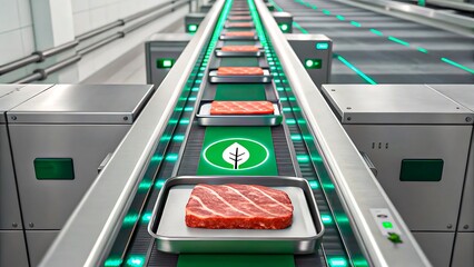 Lab grown meat production on automated conveyor in modern factory
