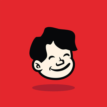 Happy cartoon boy face smiling joyfully in bold minimalist style. Flat vector illustration on red background, perfect for mascot, logo, emoji, or streetwear art. EPS vector file included