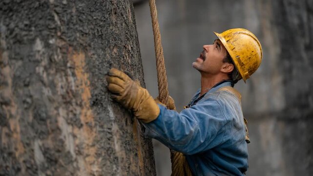 A dedicated construction worker is climbing a rock structure, showcasing hard work, determination, and the physically demanding nature of construction work in an outdoor environment.