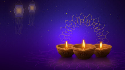 Diwali Diyas with Kandil Lantern and Rangoli Outline