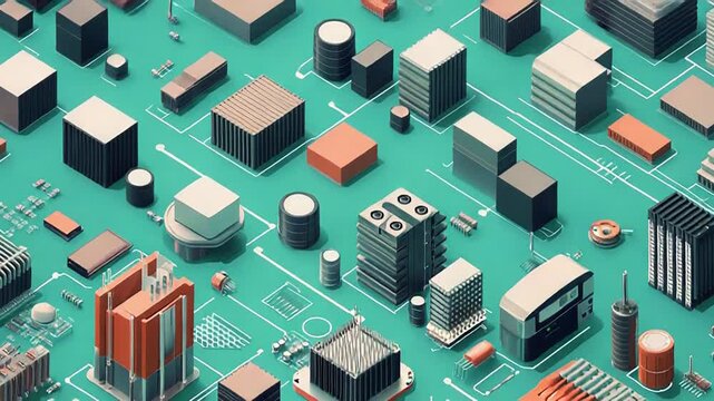 Electronics components forming a futuristic isometric circuit network