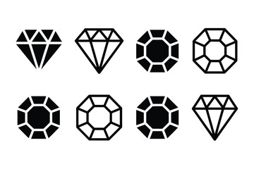 Set of eight minimalist geometric diamond and gemstone vector icons in black and white silhouette