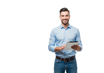 A young caucasian man in a light blue shirt and jeans, smiling confidently, holding a digital tablet horizontally against a transparent studio background. Concept of modern technology interaction