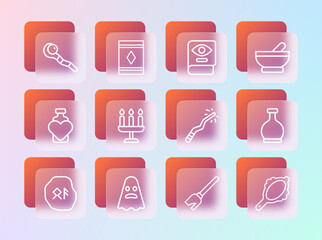 Set line Witch cauldron, Ghost, Magic wand, Witches broom, Candlestick, Ancient magic book, staff and carpet icon. Vector