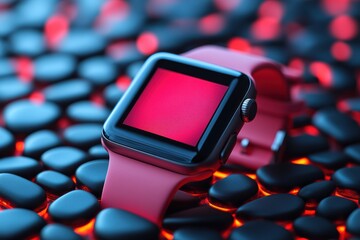 Stylish smartwatch resting on smooth black stones, glowing red screen captivates attention