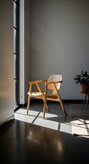 Wooden Chair Bathed in Sunlight Near Window.