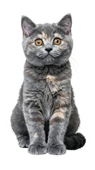 Fototapeta premium A captivating portrait features a grey, tortoiseshell-patterned kitten, sitting upright against a white background, captivating gaze
