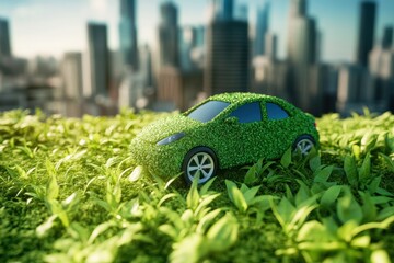 Green technology car resting on grass in urban setting showcasing sustainable innovation