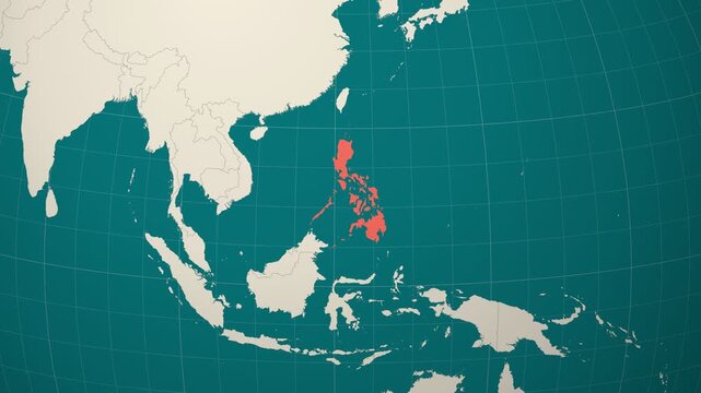 Philippines map. Animated zoom into the country on the Globe in Teal Pale Mint color palette. Country logo animation. Map with meridians, parallels. Classic video.