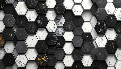3D-rendered geometric pattern composed of alternating black and white hexagons