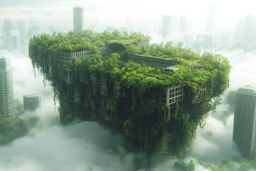 Exploring innovative green architecture in a foggy cityscape