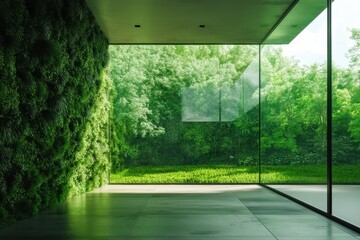 Minimalist green tech interior showcasing sustainable design and nature-inspired living space