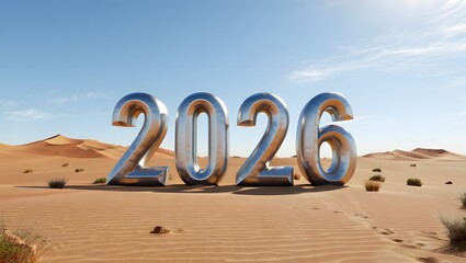 Shiny 2026 numbers in desert landscape scene
