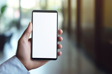 Hand holding a smartphone with a blank white screen in a modern indoor space
