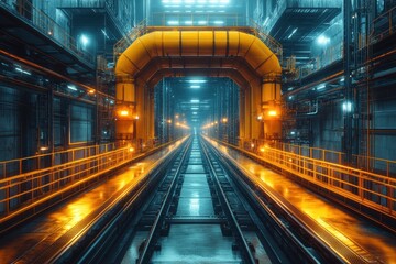 Industrial warehouse with glowing pipes and reflective tracks at night