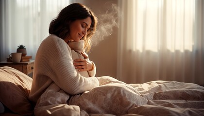 Woman hugging hot water bottle in bed with morning sunlight filtering  