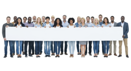 Diverse group of smiling men and women, various ethnicities and ages, holding a blank white banner on transparent studio background, high-key lighting, concept of diverse teamwork