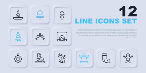 Set line Christmas stocking, Holiday gingerbread man cookie, Glass of champagne, Angel, tree, Skates, ringing bell and icon. Vector