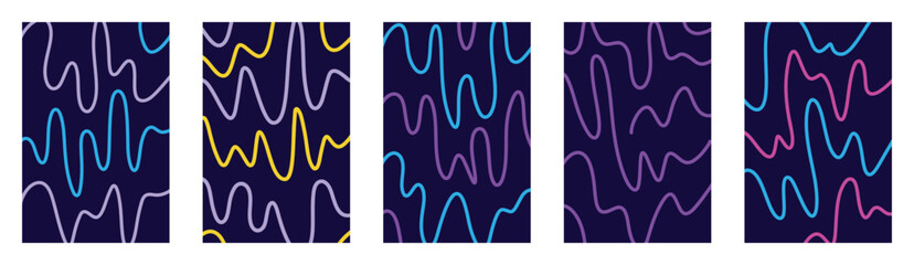 Retro vector kids doodle squiggle backgrounds. Fluid groovy hand drawn curves. Vibrant organic wavy lines. Funky warped line art in playful style. Abstract maze pattern with bold curved strokes