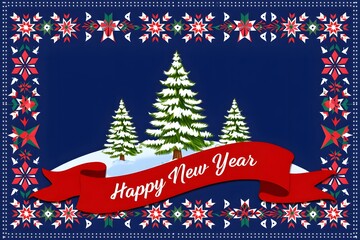 Happy new year greeting with snowy trees and decorations