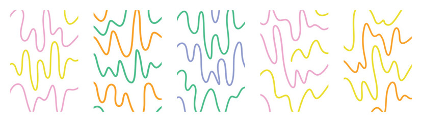 Wavy kids doodle vector backgrounds set. Groovy abstract motion lines. Childlike fluid squiggles in multicolored palette. Deformed hand drawn elements with fun retro 60s look on transparent backdrop.