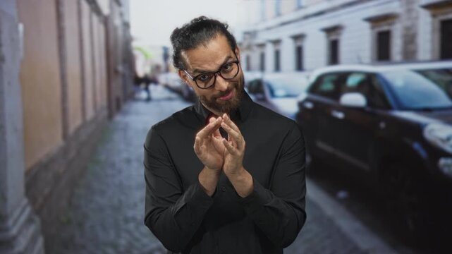 Man with glasses rubbing fingers together in black shirt on cobblestone street; scheming slyness cunning intent.