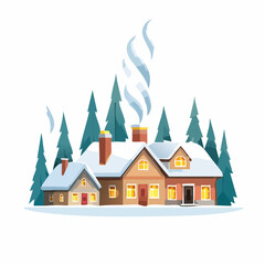Obraz premium A snowy village scene with chimneys puffing smoke, tiny houses glowing warmly, and snow-covered roofs.