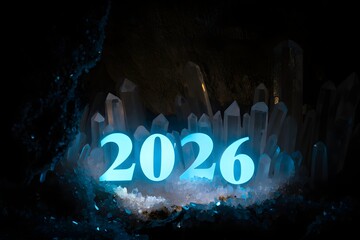 Glowing 2026 digital number with futuristic crystal background