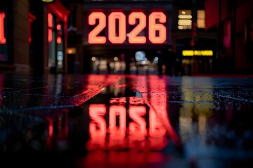 Reflection of 2026 sos sign on wet urban pavement