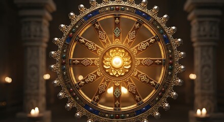 Fototapeta premium Ornate Dharma Wheel - A Symbol of Buddhist Teachings and Enlightenment.