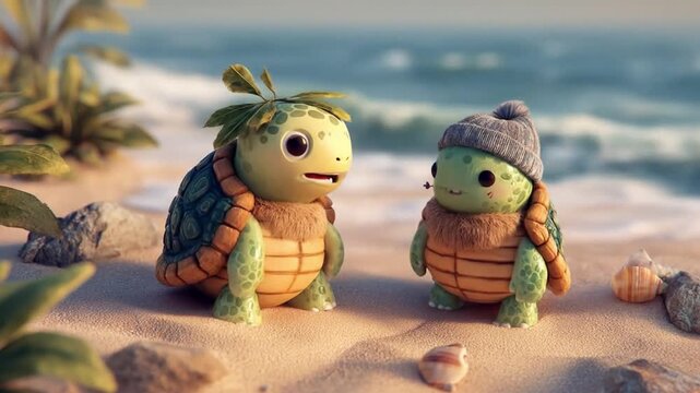 Cartoon turtles on beach near ocean waves and sand environment