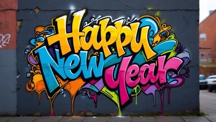 Fototapeta premium Happy new year graffiti on the wall in the city street