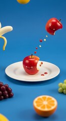 Vibrant Fruit Still Life - Apple, Banana, Orange, and Grapes on Blue.