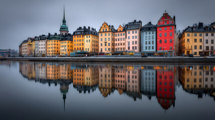 Fototapeta premium Ultra Realistic Cinematic View of Colorful Buildings Beside Stockholm Waterway and Reflective Surface