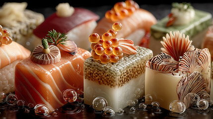 Luxury sushi sculptures with sesame seeds amber spheres and decorative fans on reflective black surface with water droplets.