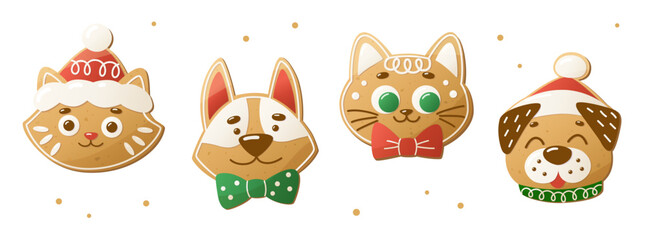 Christmas cookies shaped like cats and dogs. Gingerbread animals. Homemade gingerbread cookies for gifting. Xmas dessert
