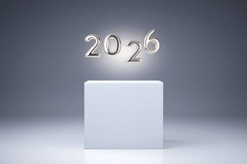 2026 glowing numbers on pedestal isolated on white background