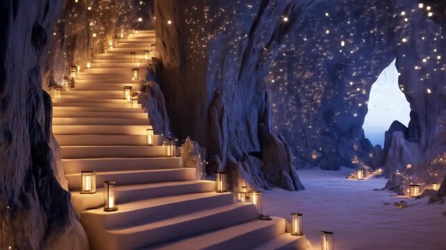 Cave staircase with glowing lights and snow winter scene with lanterns