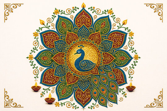 Premium Peacock Feather Mandala with Ornate Diya - Decorative Diwali Design Art