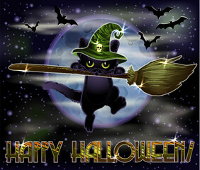 Happy Halloween vip card, black cat and broom, vector illustration