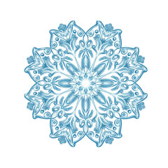 Intricate blue snowflake ornament with delicate filigree details isolated on transparent background