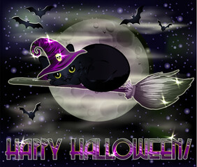 Happy Halloween vip card, black cat in a witchs hat and broom, vector illustration