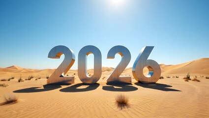 2026 number in desert with sunlight and sand dunes