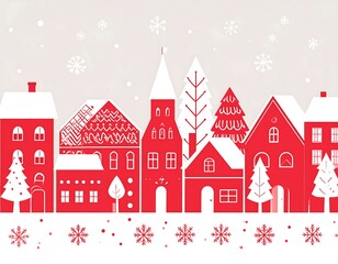 A festive vector illustration depicts a charming winter village scene. Red houses with snow-covered roofs stand against a pale background, accented with falling snowflakes