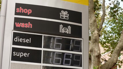 Gasoline prices displayed at a Roman fuel station, symbolizing global economic tension and the rising cost of living affecting everyday citizens.
