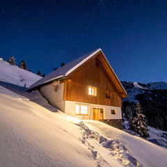 A cinematic medium shot of facade built into a snow-covered hillside
